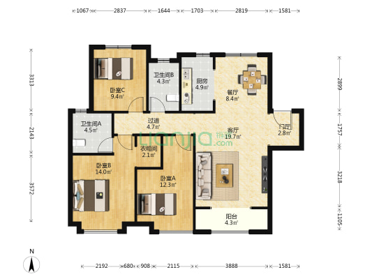 陆港·宁海湾 3室2厅2卫 127平方