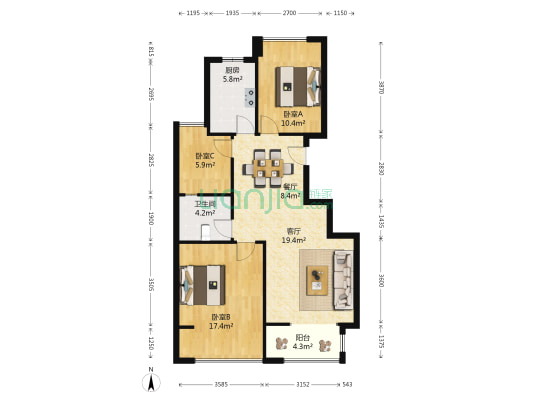 塞纳蓝湾 3室2厅1卫 88平方