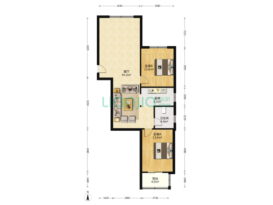 室云景城，南北通透两居是，带装修，房本满五-户型图