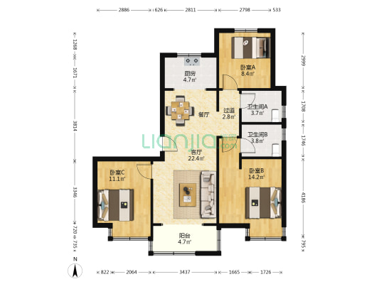 东城俪景 3室1厅2卫 111平方