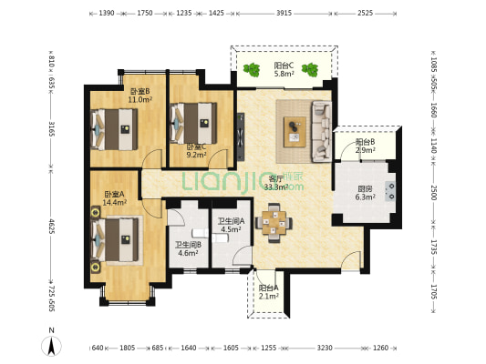 津尚都 3室1厅2卫 117平方