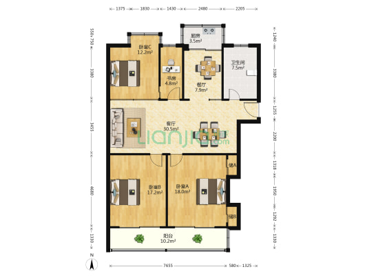 明珠花园 4室2厅1卫 138平方
