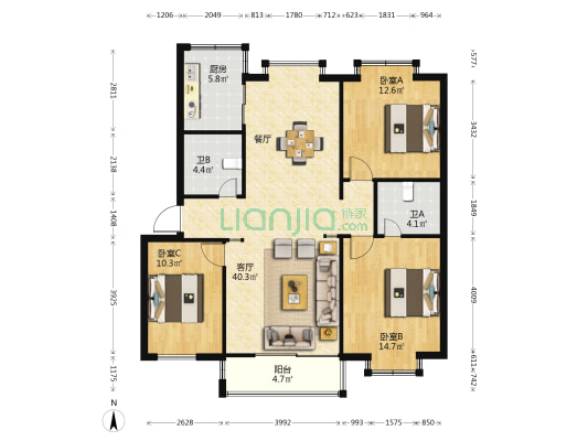 隆兴嘉苑 3室1厅2卫 128平方