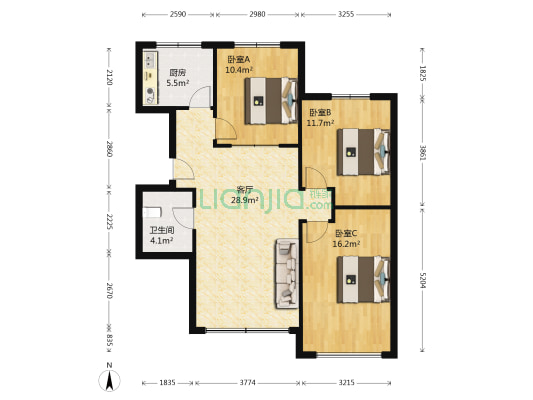 天园四期 3室1厅1卫 95平方