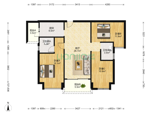 奥园三期一区 3室1厅2卫 110平方