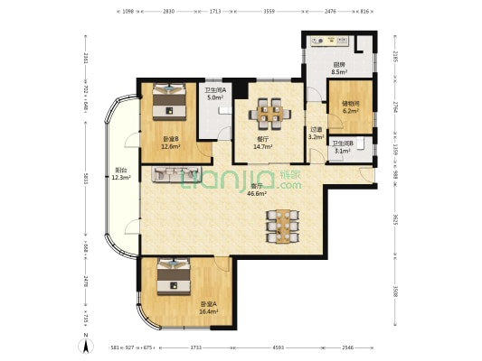 达安大厦 2室2厅2卫 165平方