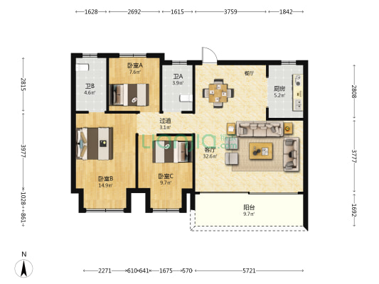 建投·春城華府 3室1厅2卫 116平方