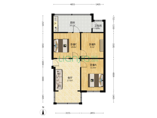 公园路2号 3室1厅1卫 65平方