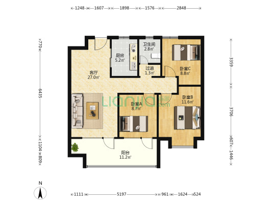 天泰天空之城 3室1厅1卫 98平方