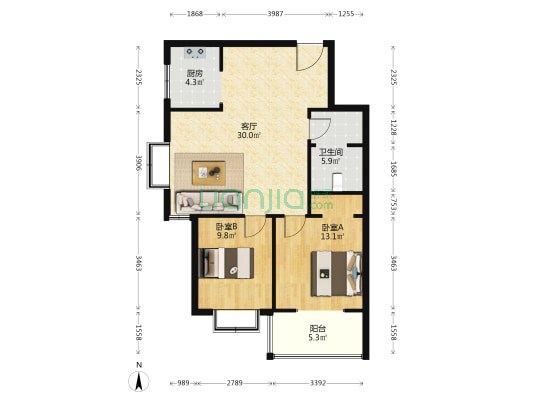 青高层小区 2室1厅1卫 87平方