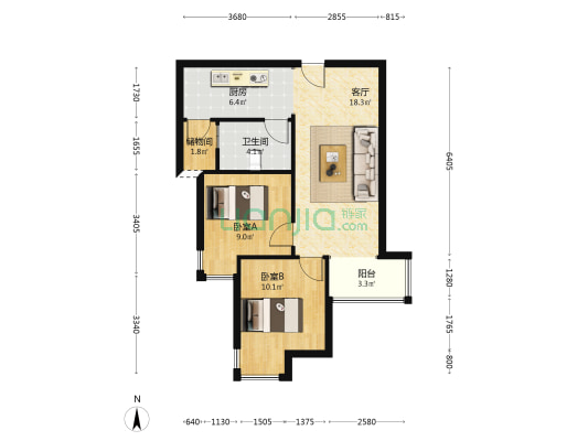 南向两居，房本満二，带简单装修。-户型图
