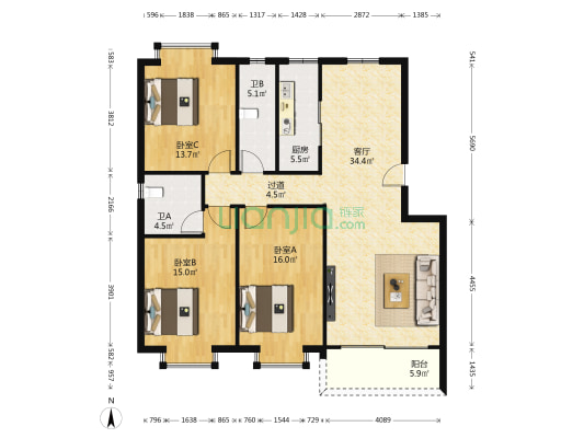 名雅居 3室1厅2卫 138平方