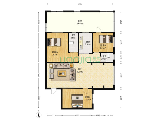 丽富楼 3室1厅2卫 105平方