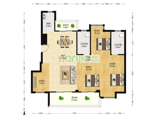 世合理想大地静安里 4室1厅2卫 130平方