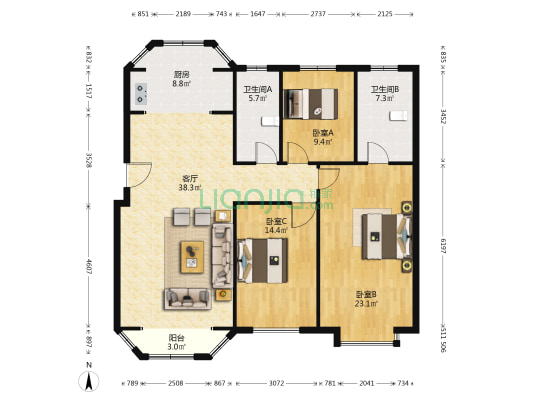 天房天拖盈秀园 3室1厅2卫 143平方