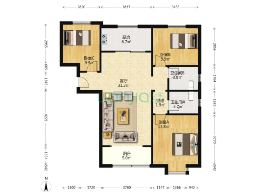 忠观悦府A区 3室1厅2卫 117平方