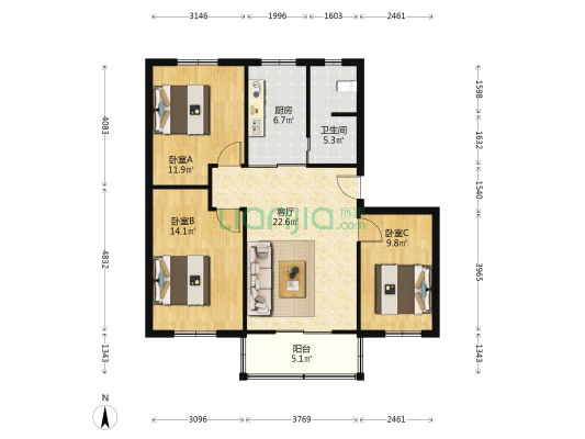 安徽水电学院教师公寓 3室1厅1卫 90平方