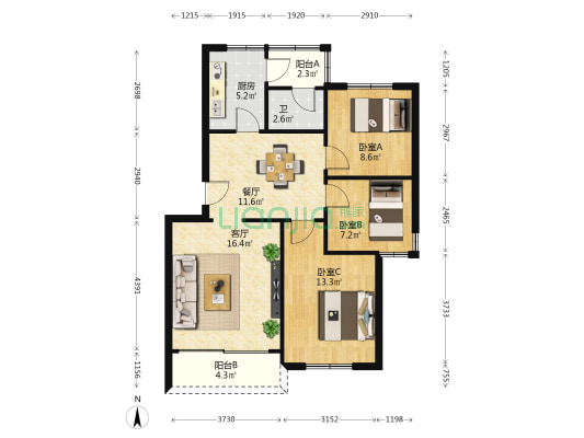碧涛花园 3室2厅1卫 86平方
