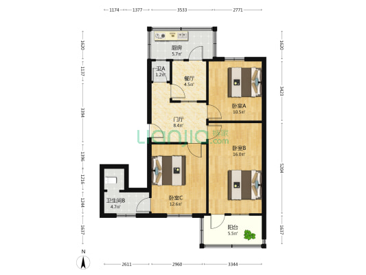 山大南路123号 3室1厅2卫 88平方