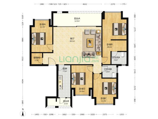 北辰悦来壹号锦辰 4室1厅2卫 145平方