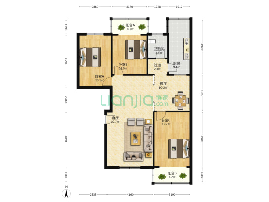 梦园公寓 3室2厅1卫 127平方