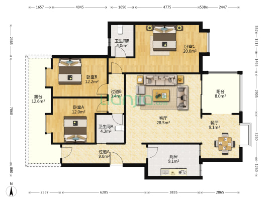 金元国际新城南区 3室2厅2卫 132平方
