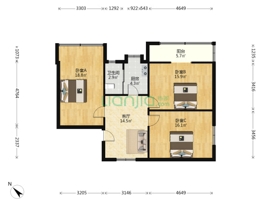 户部巷小区 3室1厅1卫 93平方