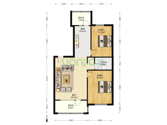 宝石花园 2室1厅1卫 109平方