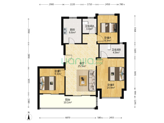 上坤狮山四季 3室1厅2卫 98平方