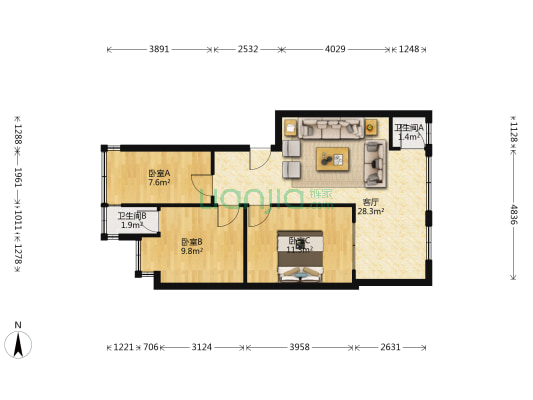 昆明煤机总厂龙头街职工住宅楼 3室1厅2卫 45平方