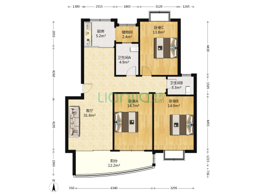 银河湾花园 3室1厅2卫 118平方