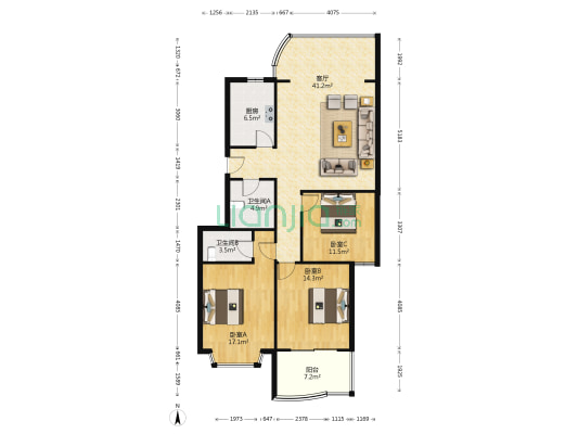 香吉公寓 3室1厅2卫 123平方