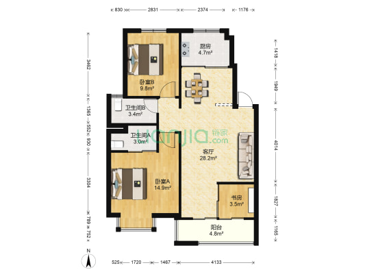 秀水锦园 3室1厅2卫 90平方
