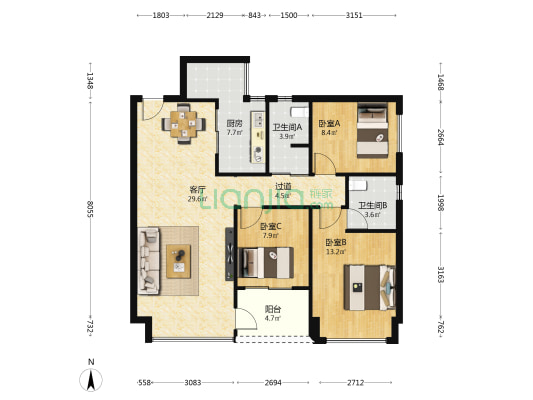 勤诚达正大城花园 3室1厅2卫 108平方