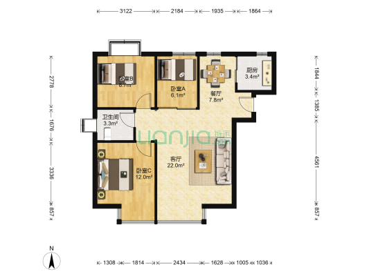 海棠别馆 3室2厅1卫 87平方