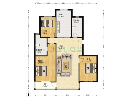欣嘉园 3室1厅2卫 131平方
