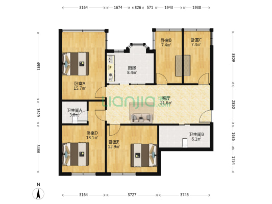 泰格生态公寓 5室1厅2卫 114平方
