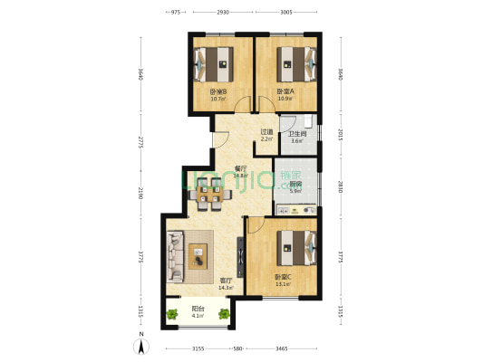 馨视界花城A区 3室2厅1卫 109平方