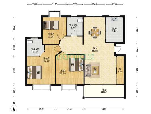 绿都小区 3室1厅2卫 132平方