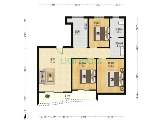 中杰花园西区 3室1厅2卫 118平方