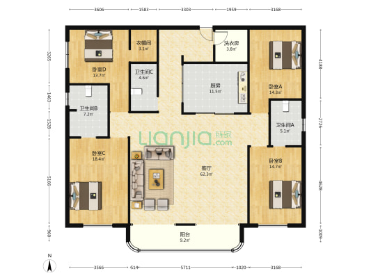 龙东大厦 4室1厅3卫 241平方