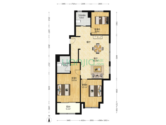 宝珀公寓 3室1厅2卫 120平方