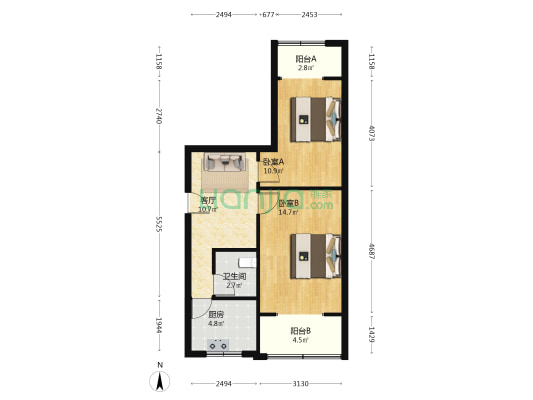 铜井巷1号大院 2室1厅1卫 58平方