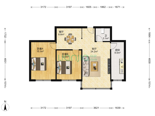 公交美好家园 2室2厅1卫 87平方
