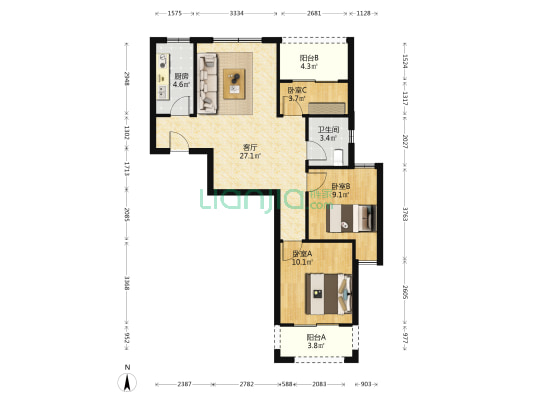 佳田未来新城二里岗家园 3室1厅1卫 89平方