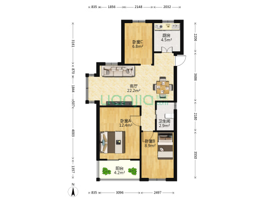 洲岛家园芳华苑 3室1厅1卫 85平方