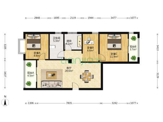 中南大公馆 3室1厅1卫 102平方