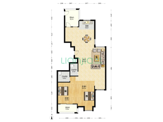 名仕花园 2室1厅2卫 158平方