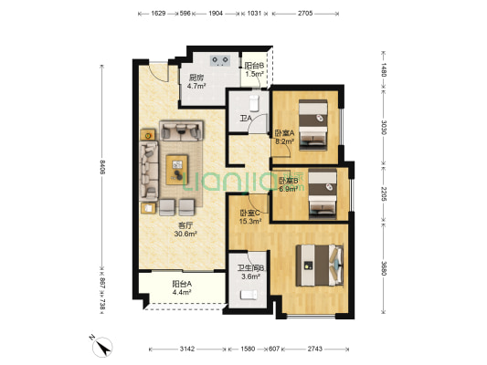雅居乐融创三江府 3室1厅2卫 97平方