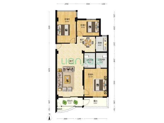 东方牡丹园 3室2厅2卫 119平方